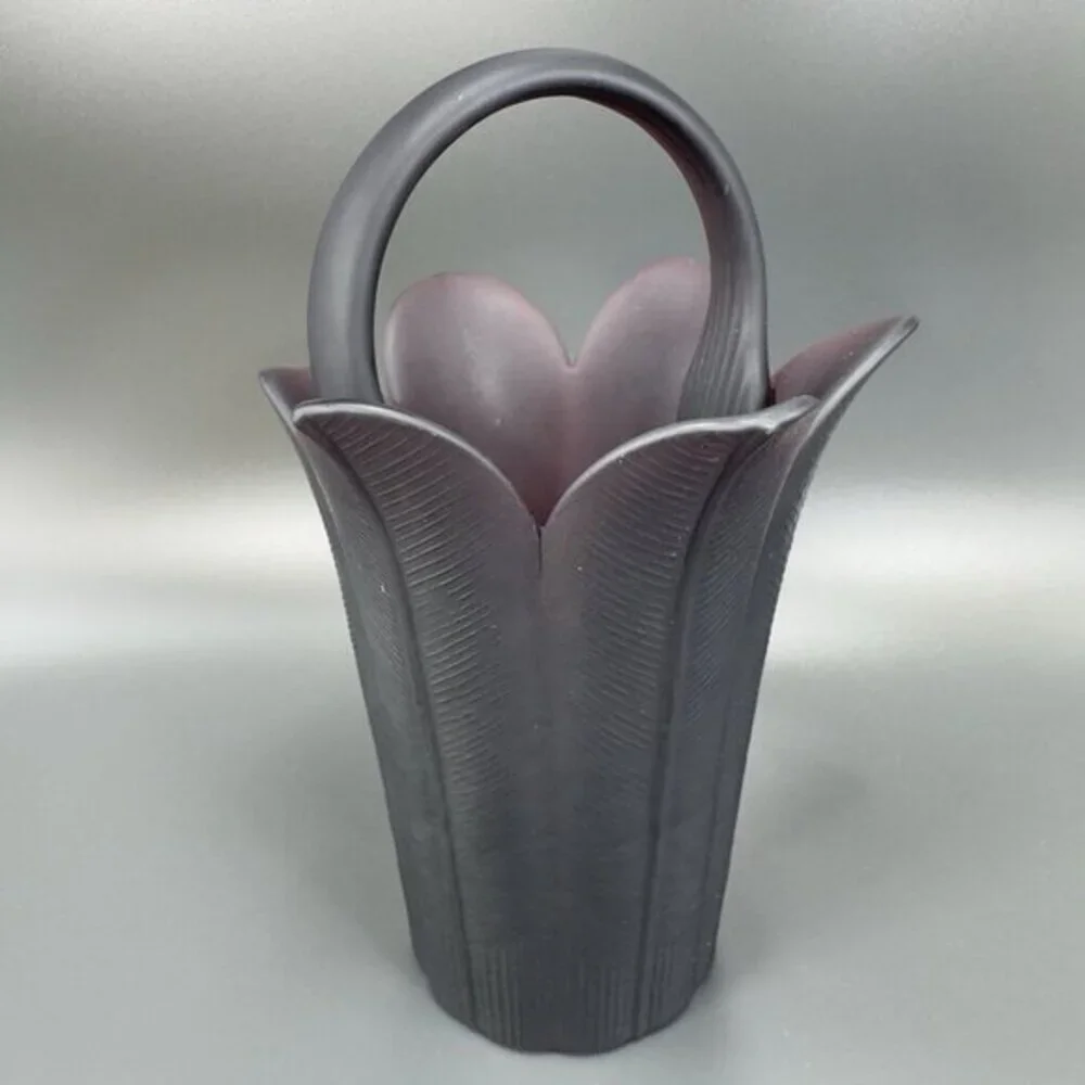 Mikasa Frosted Plum Purple Glass‎ Vase Basket Bowl Flower Shaped Japan Satin VTG